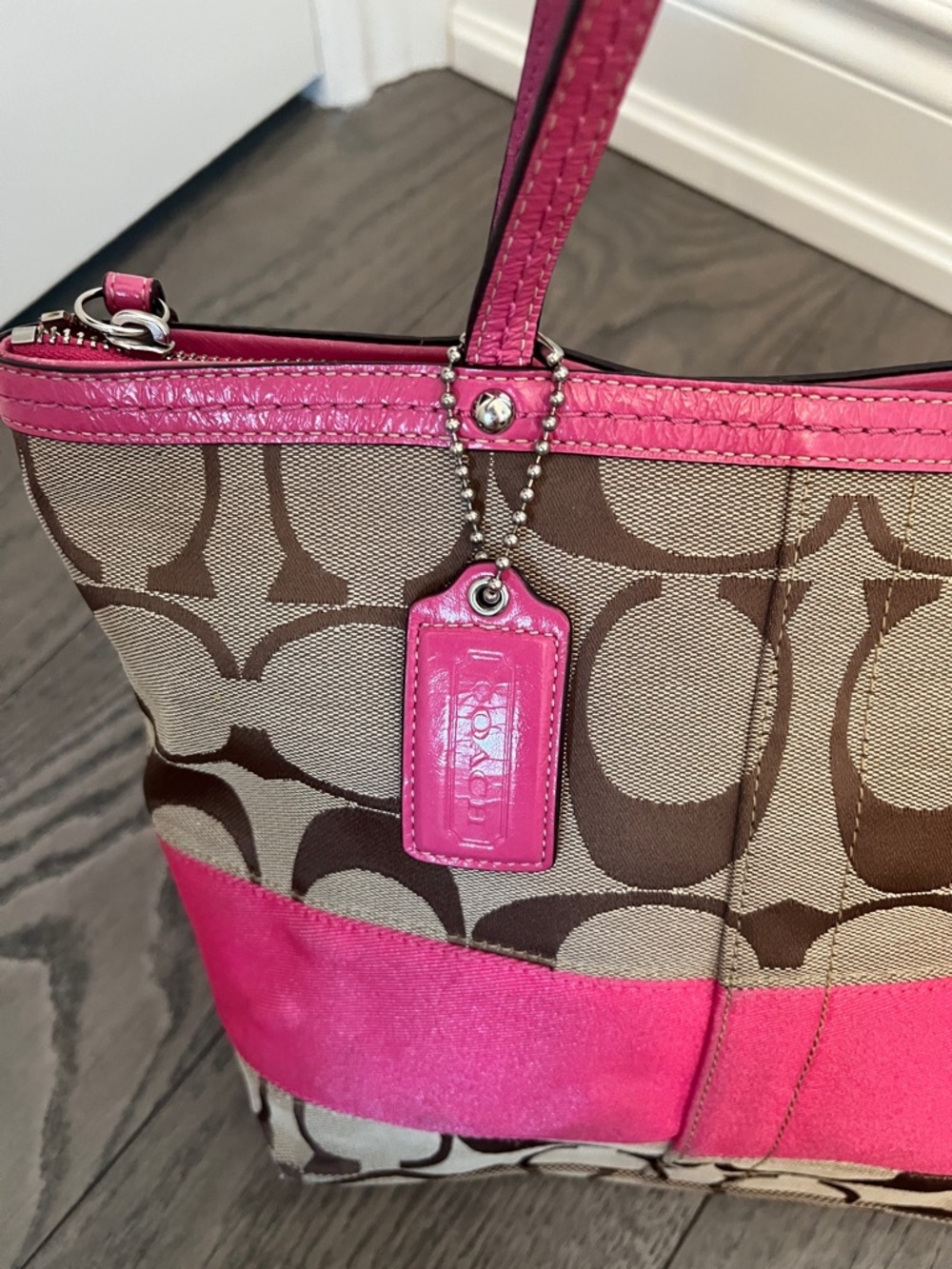 Coach Brown Logo Tote with Pink Trim and Cherry Charm - Picture 4 of 10